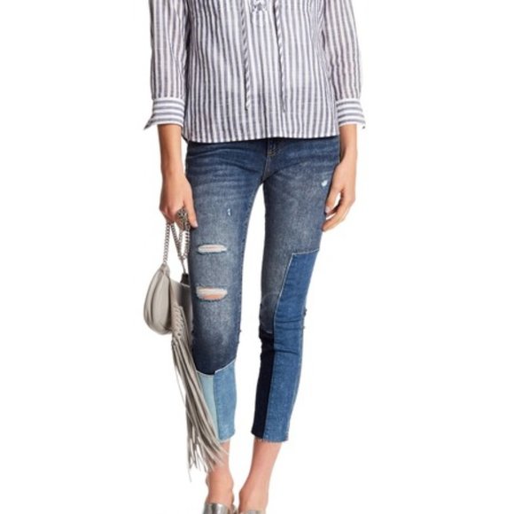 Miss Me Denim - Miss Me Ankle Skinny Jeans Blue Patchwork Distress